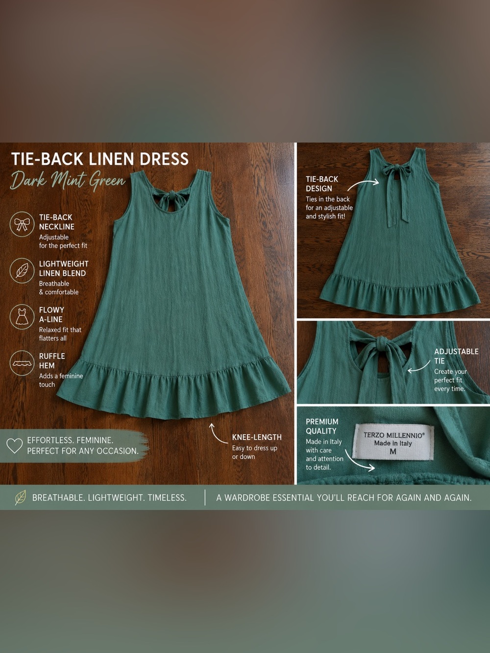 Terzo Millennio Made in Italy Mint Green Linen Blend Tie Back Dress Size M